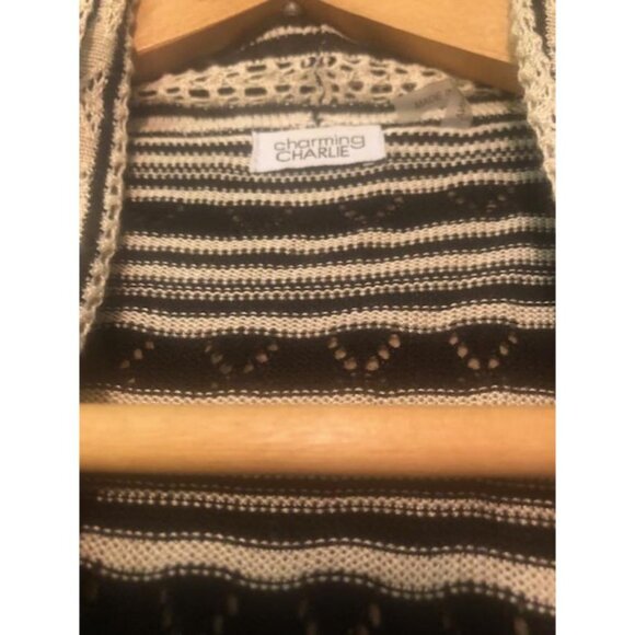 Charming Charlie Striped Long Kimono Boho Hippie Casual SZ L Open Knit Black - Picture 6 of 6